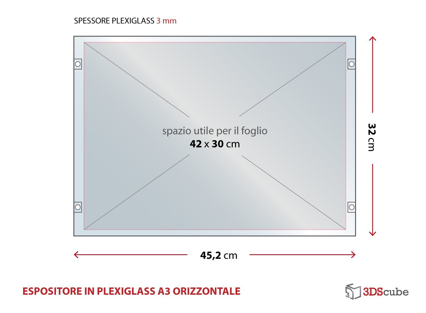 Espositore in plexiglass di ALTISSIMA qualità, da parete, targa a tasca apribile in plexiglass, porta avvisi e depliant formato A3 orizzontale 42×30 cm, completa di distanziali in alluminio