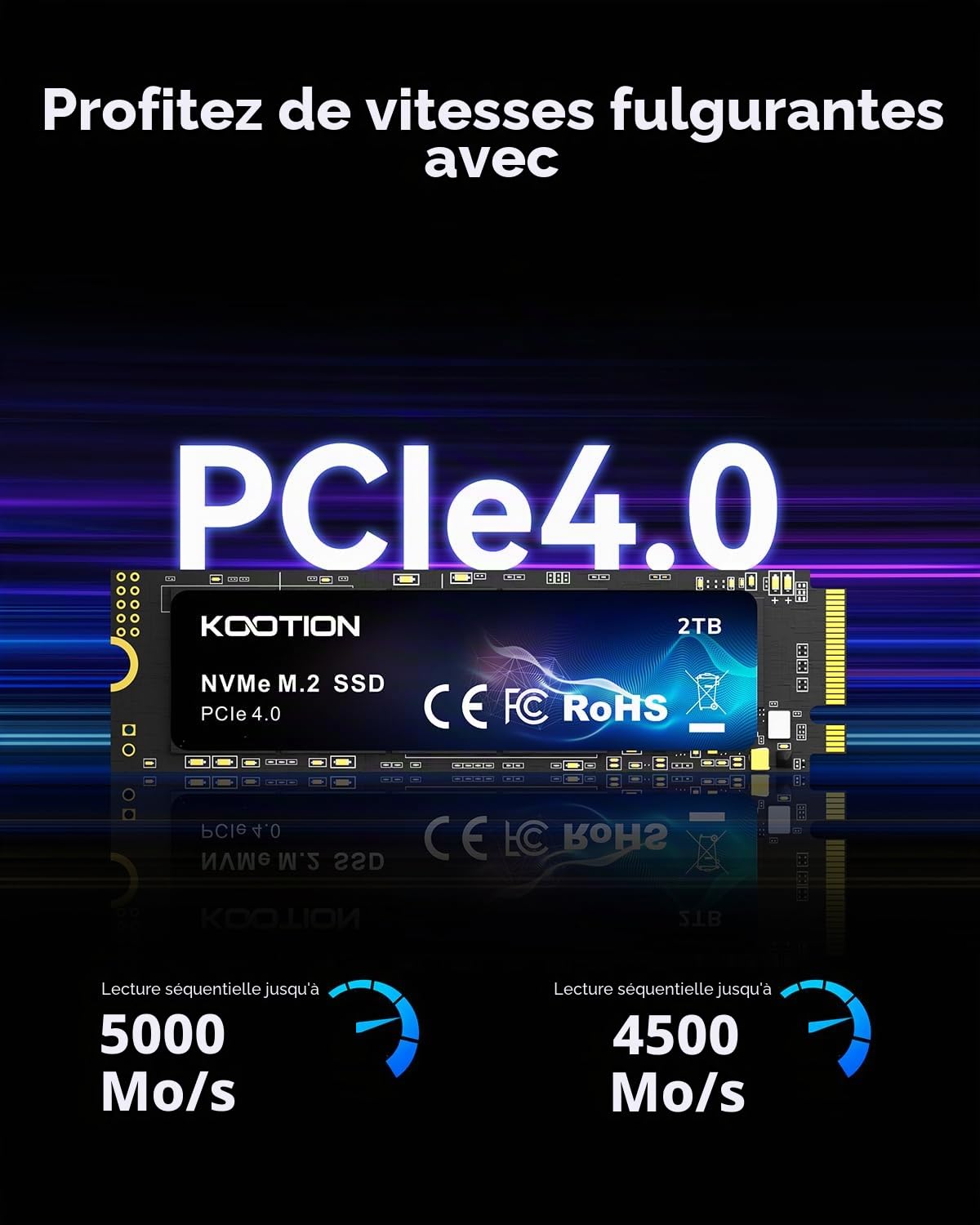 KOOTION SSD 2To NVMe SSD M.2 2280 PCIe 4.0 Disque SSD Interne 2 to, Jusqu'à 5000 Mo/s en Lecture, Compatible avec PS5 PC Gaming Ordinateurs de Bureau et Portables