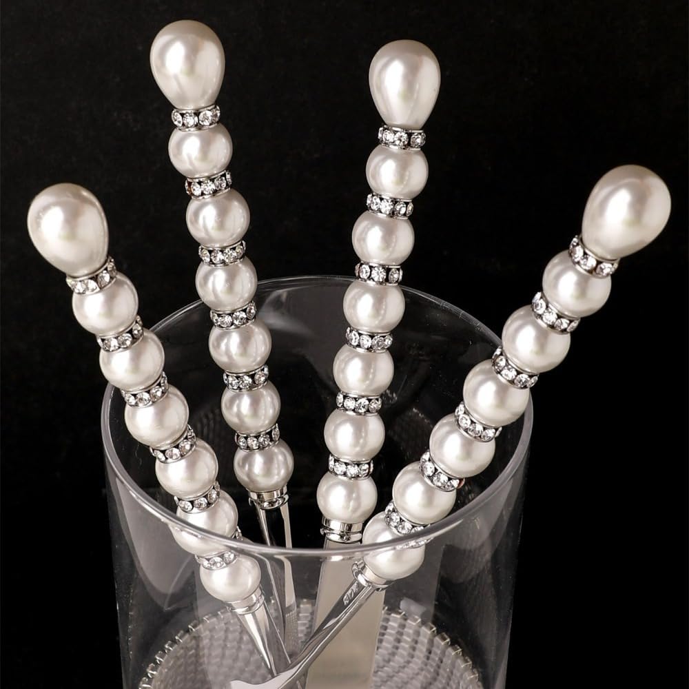 Light Luxury ABS Pearl Inlaid with Diamond Handle Kitchen Stainless Steel Silverware Tableware Flatware Cutlery Set Steak Knife Fork Spoon Teaspoon (16 pieces No gift box)