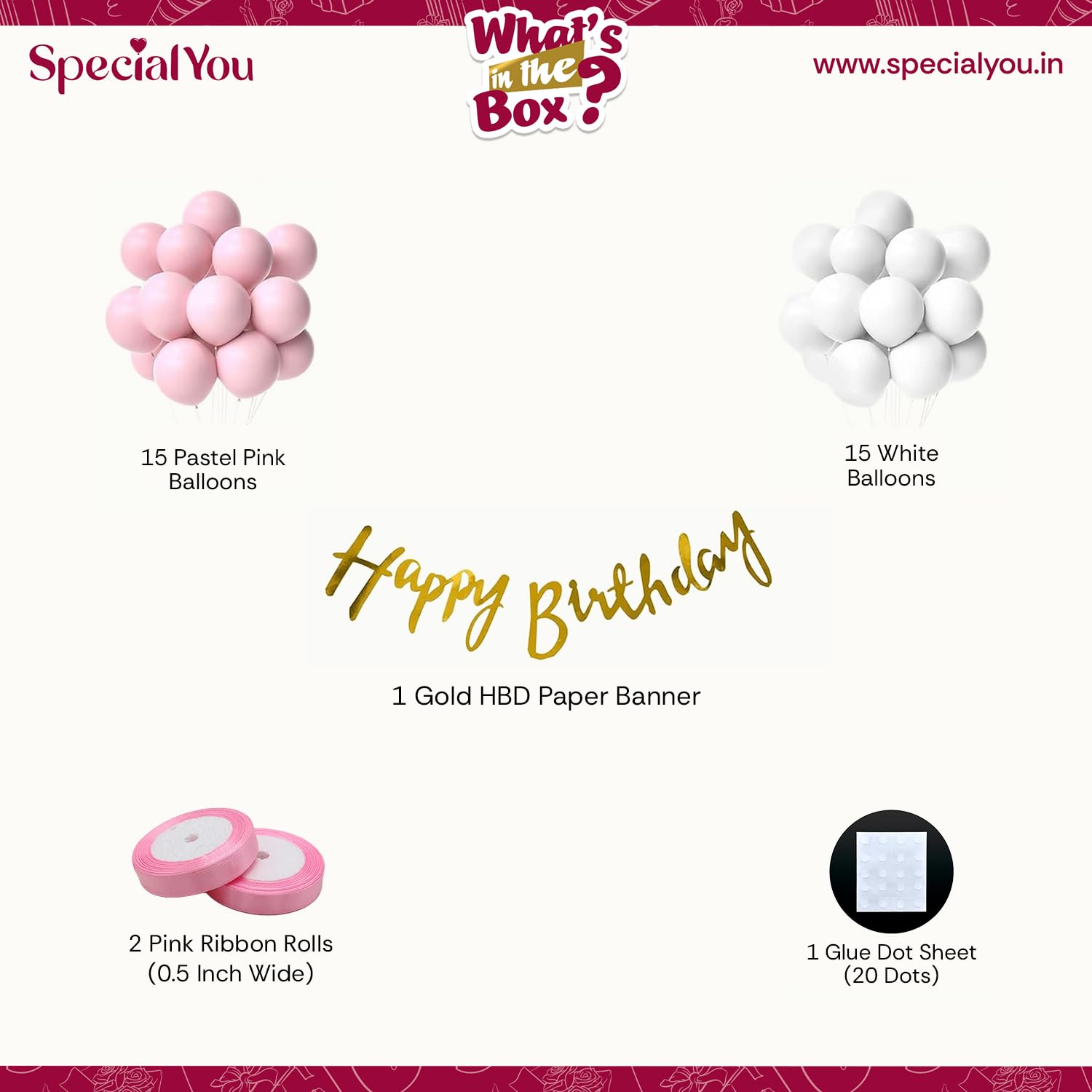 Pink & White Birthday Decorations - 33 Pcs Kit -2