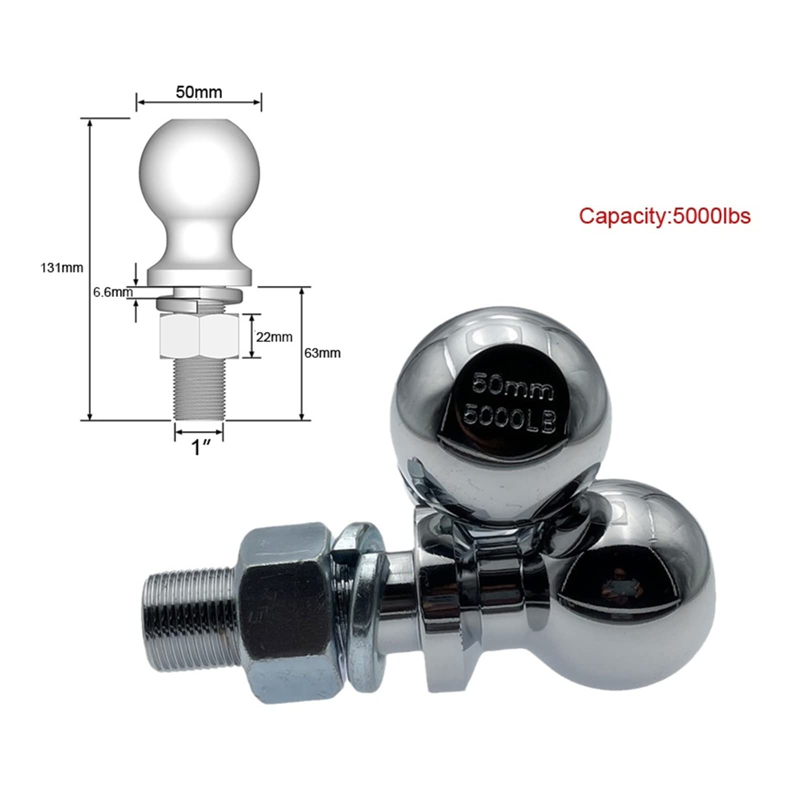 Zaczep przyczepy, Chrome Hol Ball 50 mm 1 "Shank Dia. Przyczepa zaczepu holownicza pojemność 5000 funtów RV Częściowe akcesoria do sprzężenia kempera samochodowego(5000LBS)