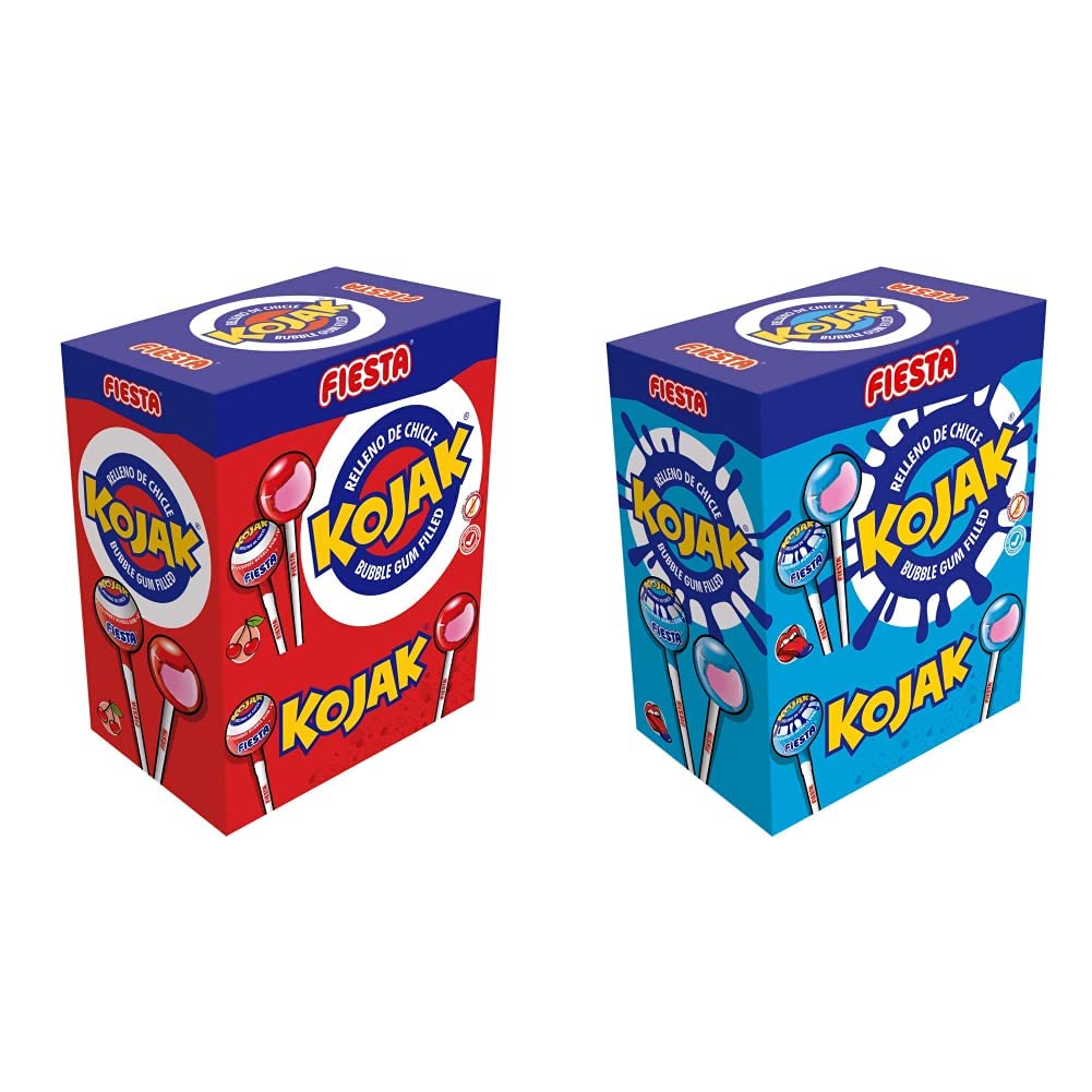 FIESTA Kojak Caramelo con Palo Sabor Cereza Relleno de Chicle - Caja de 100 unidades & Kojak Pintalenguas Caramelo con Palo Sabor Mora Relleno de Chicle - Caja de 100 unidades