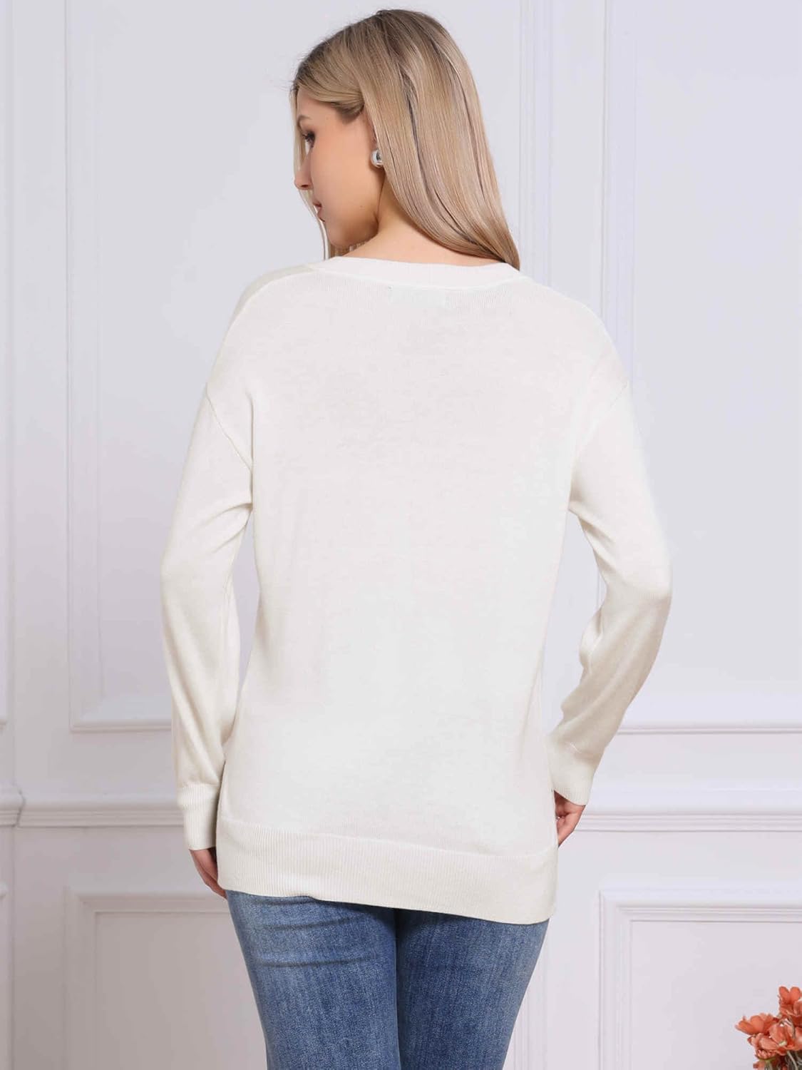 Allegra K V Neck Sweaters for Women's Long Sleeve Side Slit Fall Casual Soft Knitted Pullover Jumper Tops - Image 2