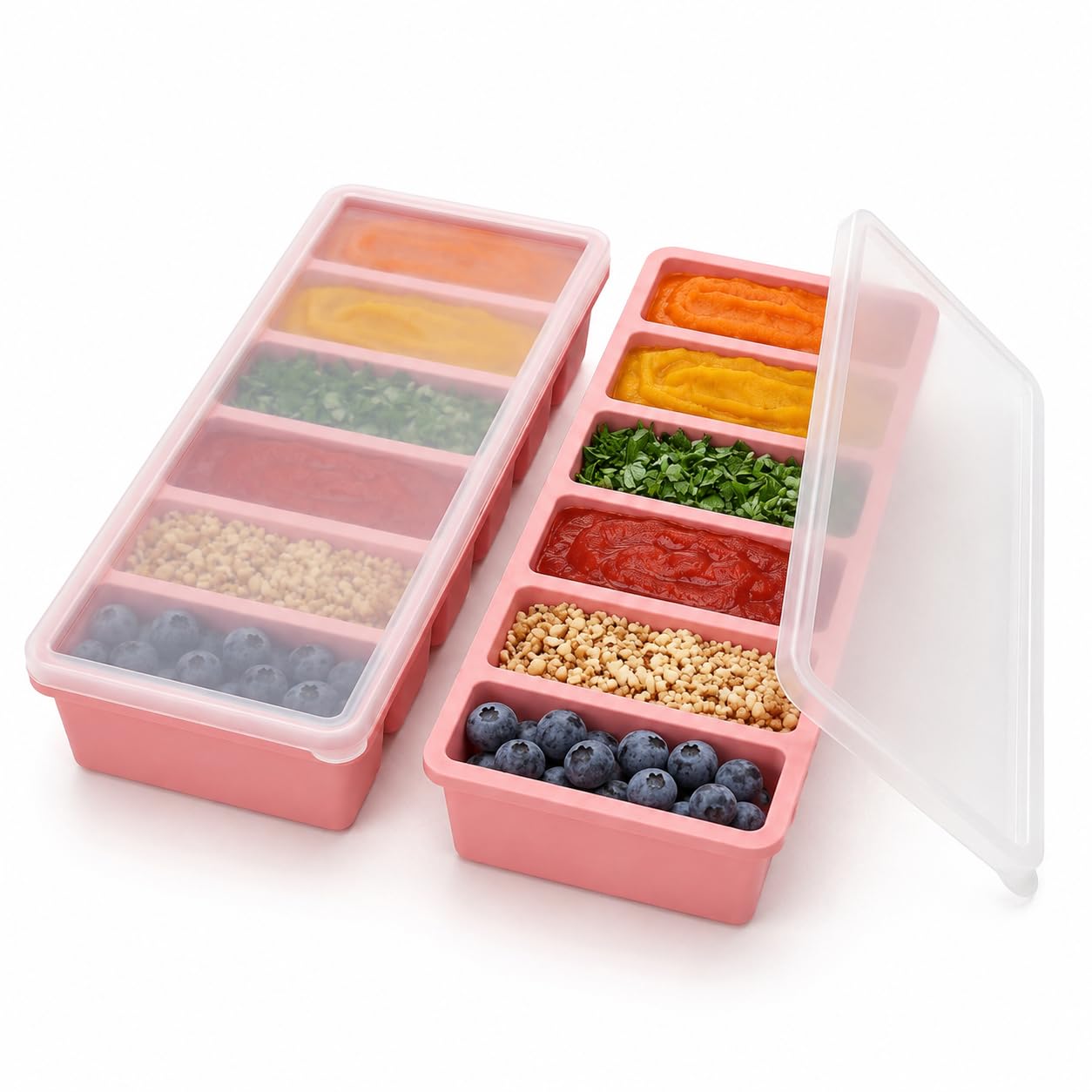 2-Pack Pink Silicone Freezer Moulds with Lids, 6-Cavity Ice Cube Tray for Soup, Broth, Sauce and Food Storage, Easy Release Meal Prep Containers