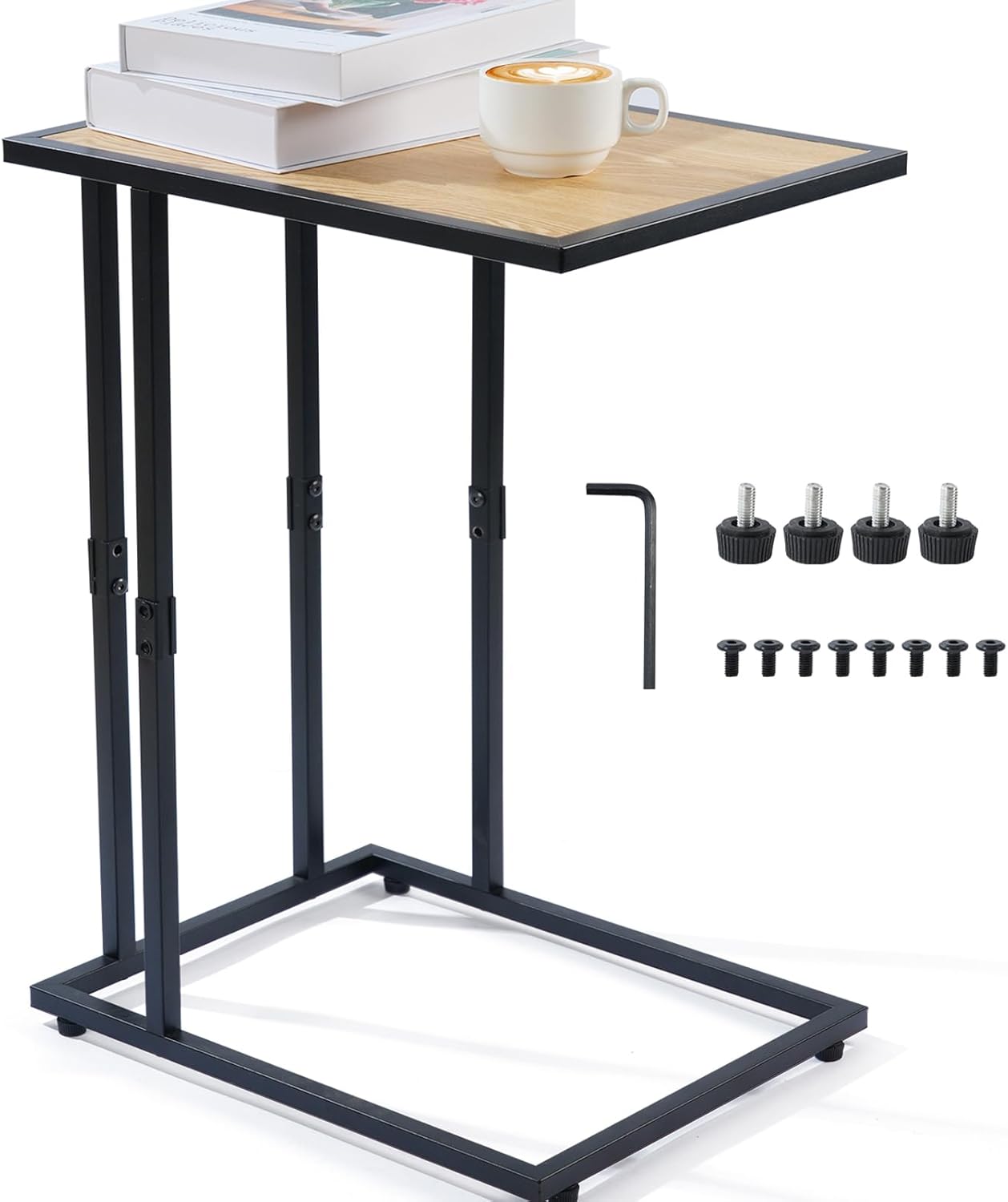 C Shaped End Table - Small Tv Tray Couch Side Table for Small Spaces,Living Room,Bed side,Slide Under Sofa Snack Table Desk for Eatting Dinner,Drink,Adjustable Metal Laptop Stand,Rustic 26'' Tall