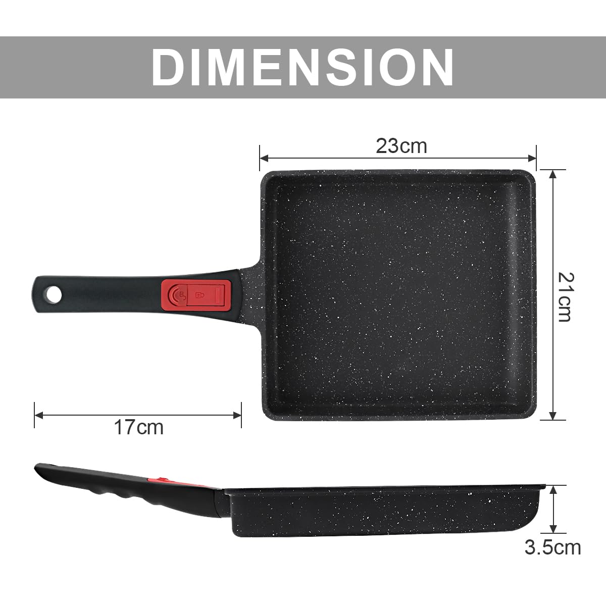 AIKENBBKK Sartén Japonesa Antiadherente para Tortillas, 23x21 cm Grande Tamagoyaki Sartén con Mango Desmontable Rectangular Sartén para Huevos, Apta para Horno y Lavavajillas(Negro)