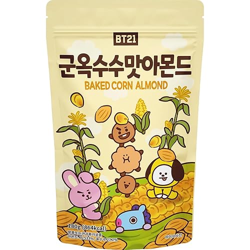 BT21 Almonds - Bolsa resellable de nueces crudas naturales, sabor a almendra de maíz horneado, 6.34 onzas (paquete de 1)