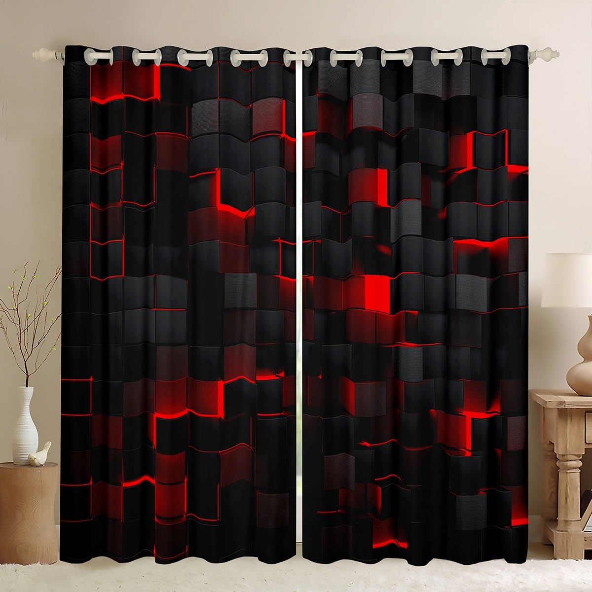 Red and Black Blackout Curtains for Boys Bedroom 52x90 Neon Geometric Checkered Window Curtains 2 Panel Sets Abstract Square Grid Window Treatments Drapes Glowing Plaid Check Decor