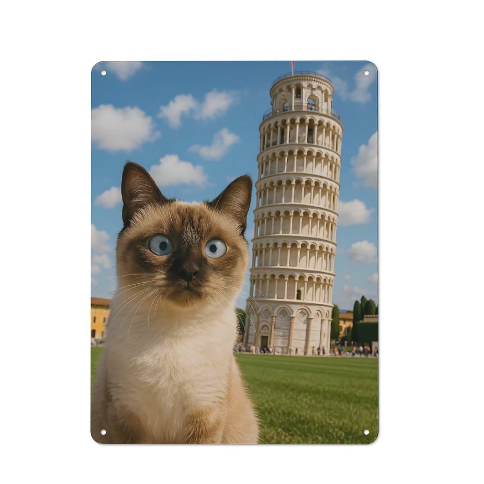 Junmoney Siamese Cat With Leaning Tower Metal Wall Sign 40X30cm, Loft Style Urban Room Decor For Flat, Bar, Studio Or Gallery Wall