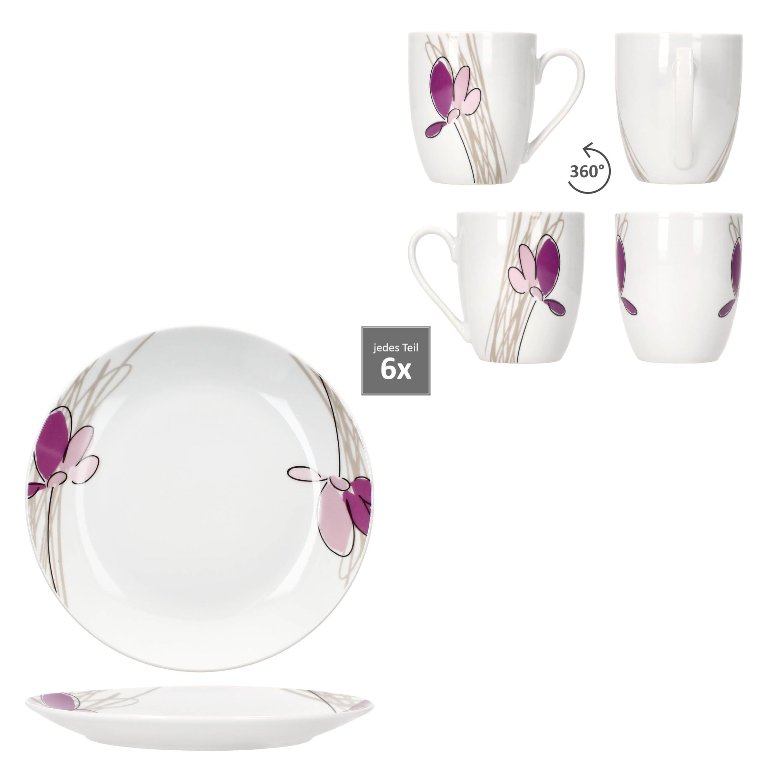 MamboCat Viola 12tlg Frühstücksset I 6x Kuchenteller & 6x Kaffeebecher 350 ml aus Porzellan I Weiß mit Blumen-Dekor in Violett I für 6 Personen I für Frühstück & Kaffee