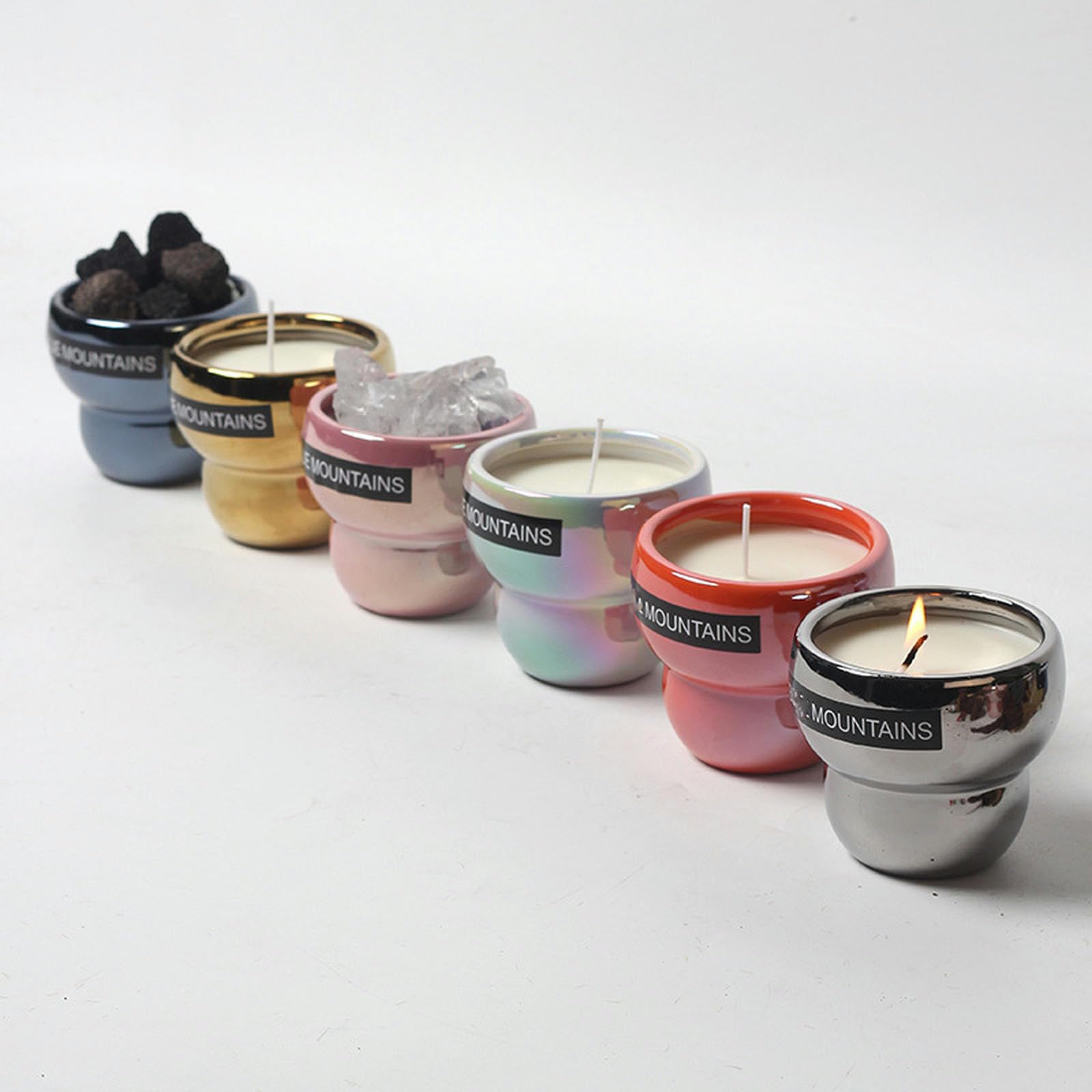 Lot de 2 bougeoirs d'aromathérapie nordiques simples et créatifs en céramique galvanisée - Double cercle - Blanc - Huile de citronnelle