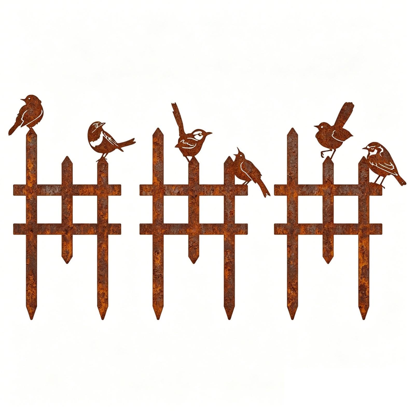 3 Pieces Garden Fence with Birds Rustic Decorative Garden Border with Birds Weathered Landscape Fence with Bird Decoration for Planters, Yards, Patios Rust-image-43