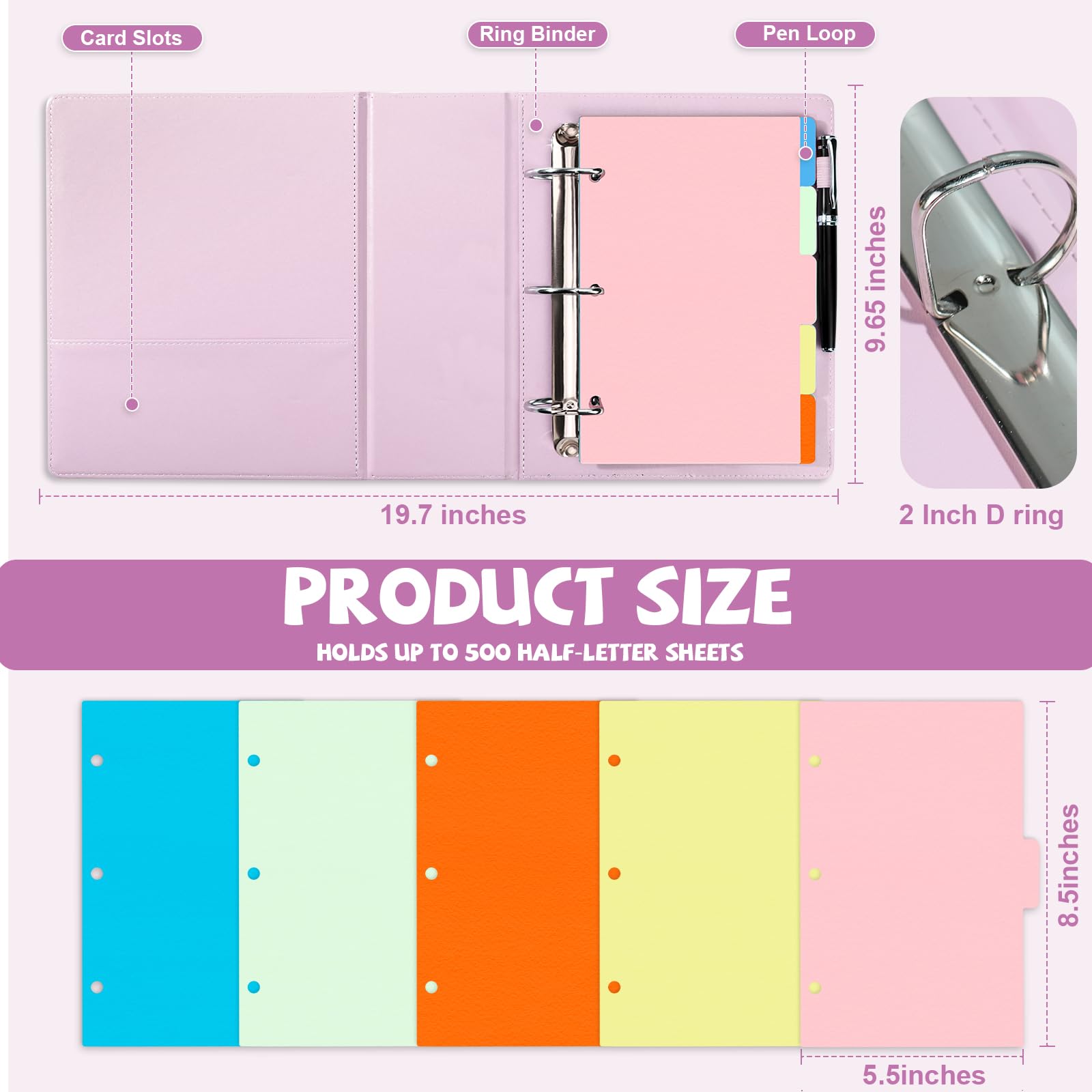 Lot de 2 classeurs à 3 anneaux en cuir synthétique de 14 cm x 21,6 cm, anneaux en D de 5 cm avec intercalaires de 5 couleurs, peut contenir jusqu'à 500 feuilles avec poche à boucle pour stylo pour
