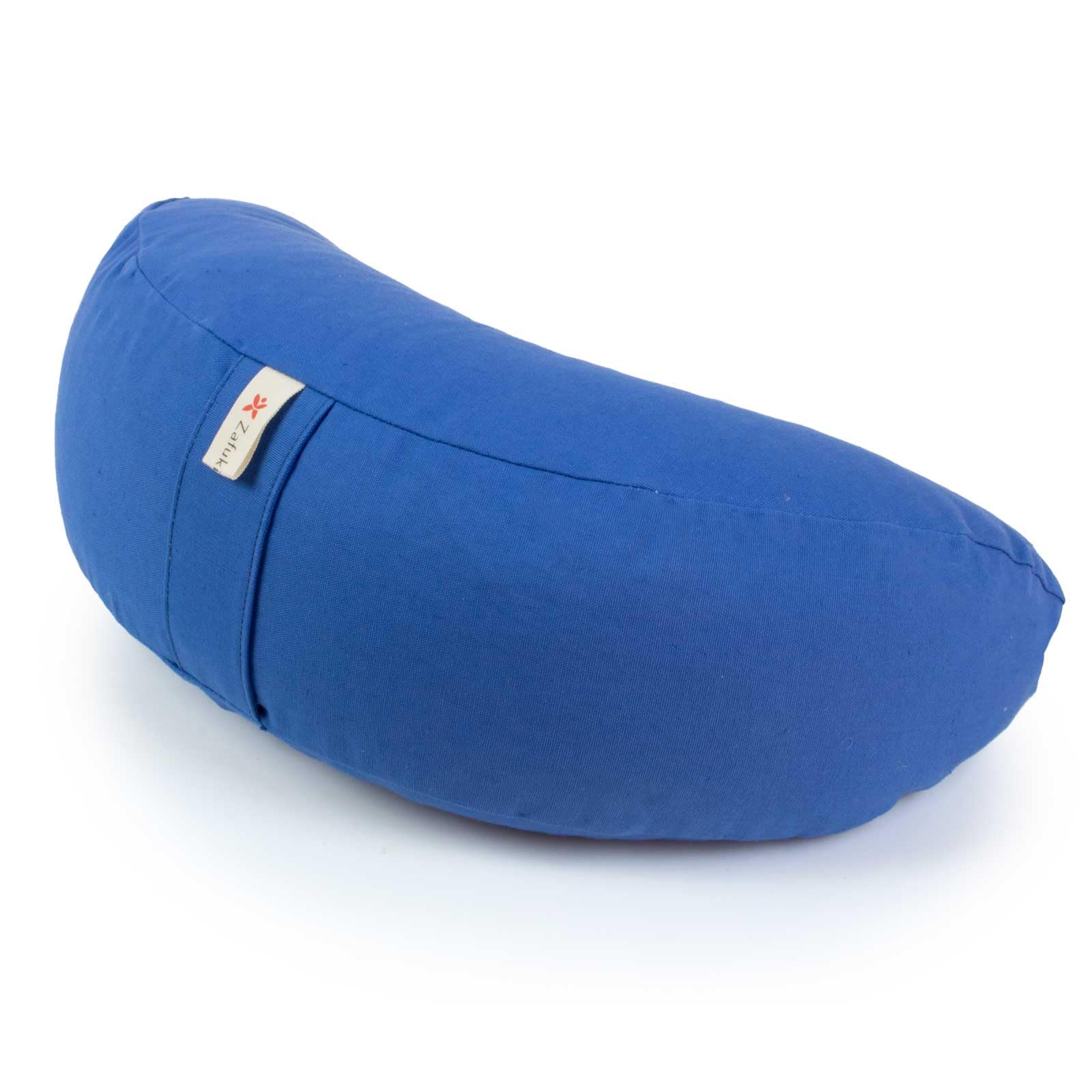 Zafu meditación media luna desenfundable, AZUL, cojín yoga, tejido 100% algodón, relleno cáscara espelta ecológica