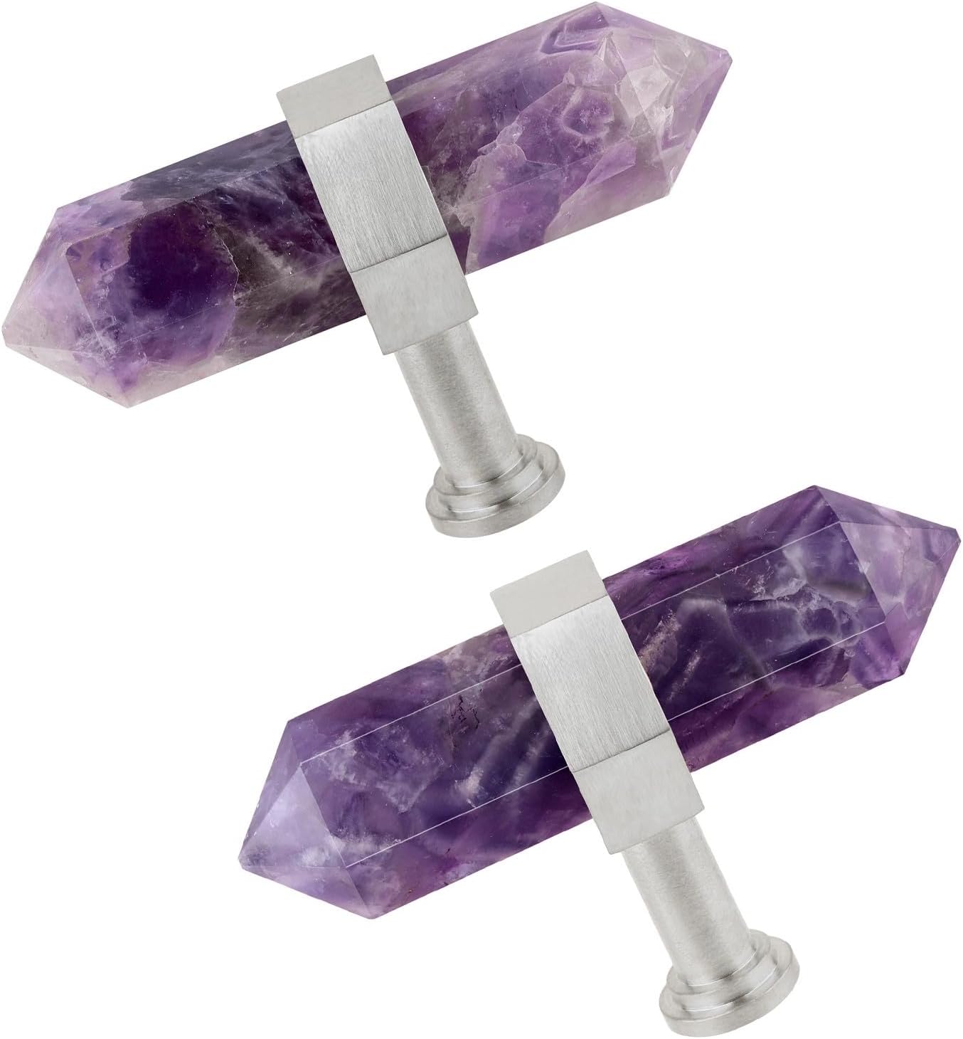 TUMBEELLUWA Pack of 2 Amethyst Crystal Points Cabinet Knobs with Screws, Stainless Steel Hexagonal Crystal Stone Prisms Handle Pulls for Kitchen and Home Decor, Silver