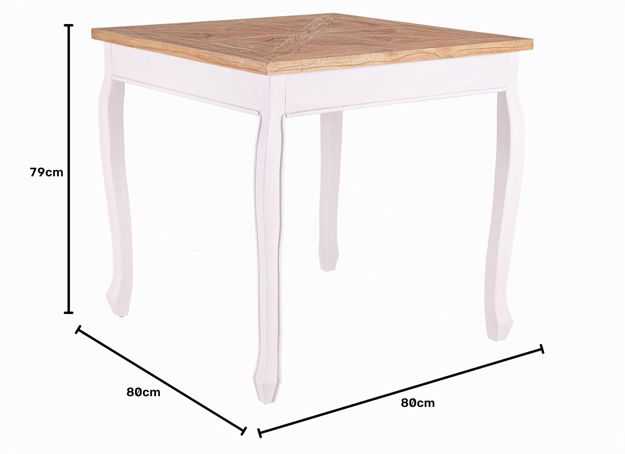 CLP Tavolo da pranzo quadrato 80 x 80 cm Lindon, tavolo da cucina stile country, piano quadrato in legno massello di olmo, gambe Shabby Chic | Colore natura/bianco