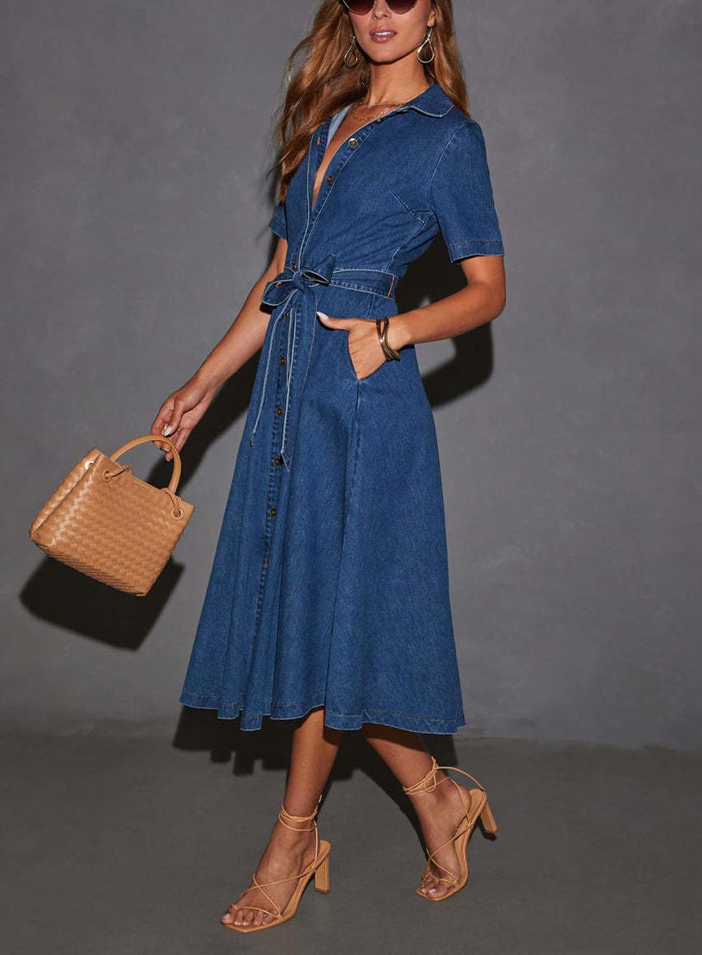 Women Summer Short Sleeve Button Down Denim Shirt Dress Business Casual Belted Jean Midi Long Dress - Image 3