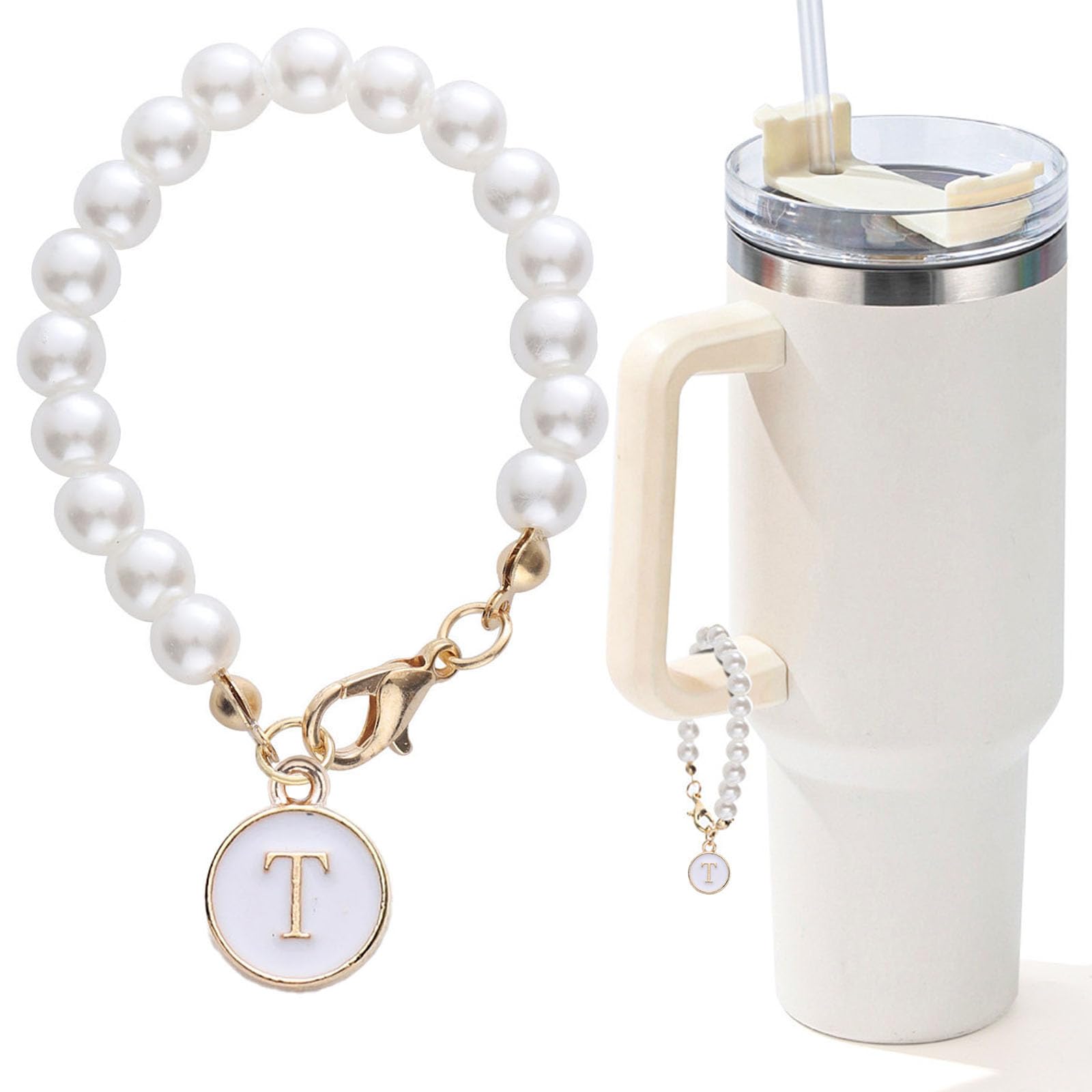 Letter Charm for Stanley Cup，Pearl Chain Accessories Stanley Cup Initial Charms for Handle Stuff Decor Water Bottle Jewelry Tumbler Cute Simple Modern Personalized Name ID Decorations (T)