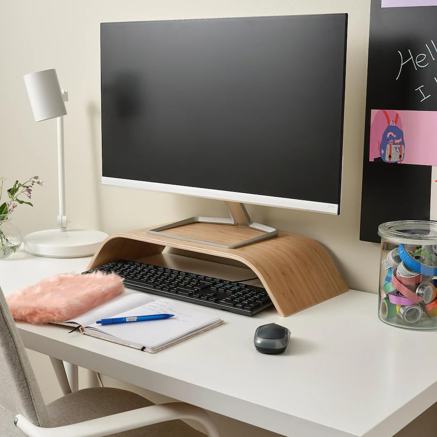 Ergonomic Curved Monitor Stand , Wooden Veneer Desktop Riser with Space-Saving Design for Monitors, Laptops & Office Decor, 20.75 x 9.5 x 4 inches