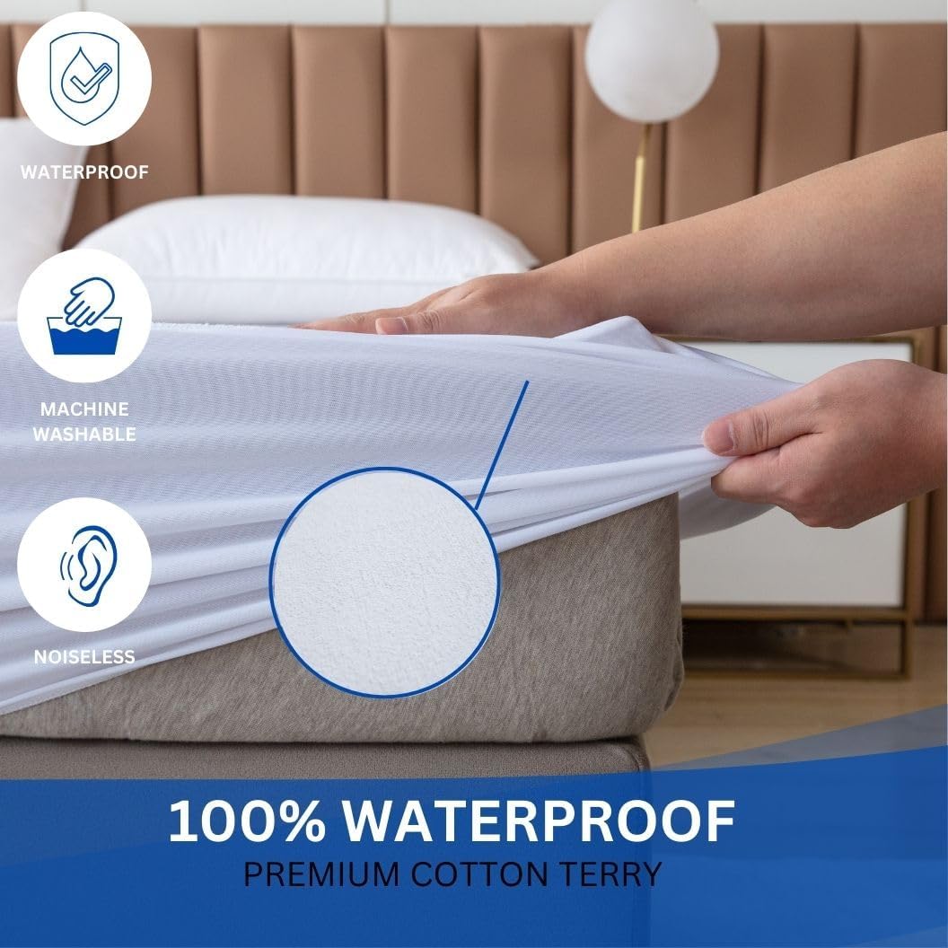 Mattress Protector - Queen Size Cotton Terry Waterproof Mattress Protector, Breathable Noiseless Fitted Mattress Cover, Machine Washable