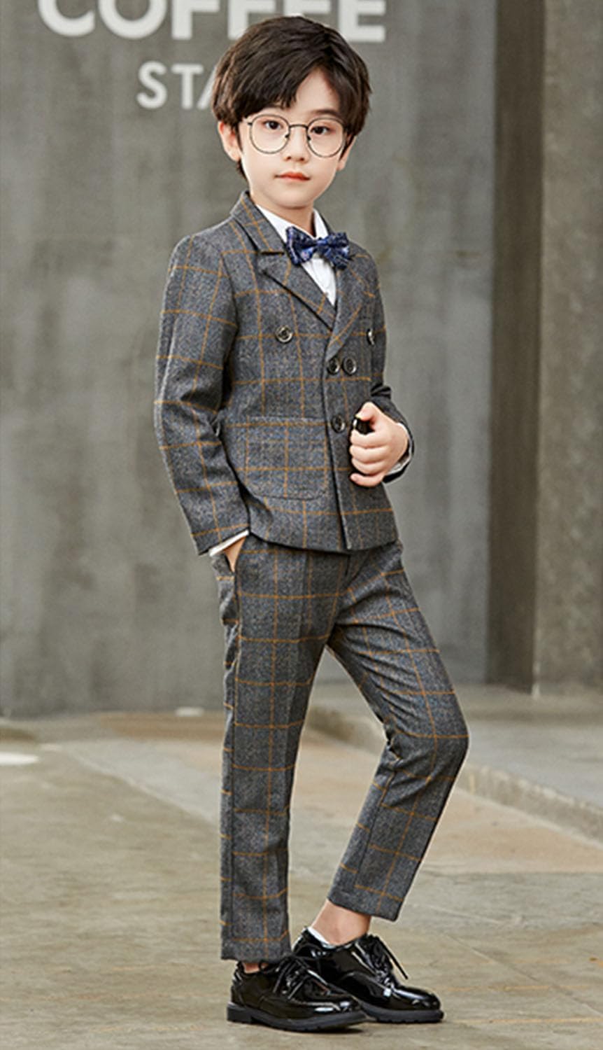 Boys' Checked Suit Three Pieces Double Breasted Buttons Complete Wedding Outfit