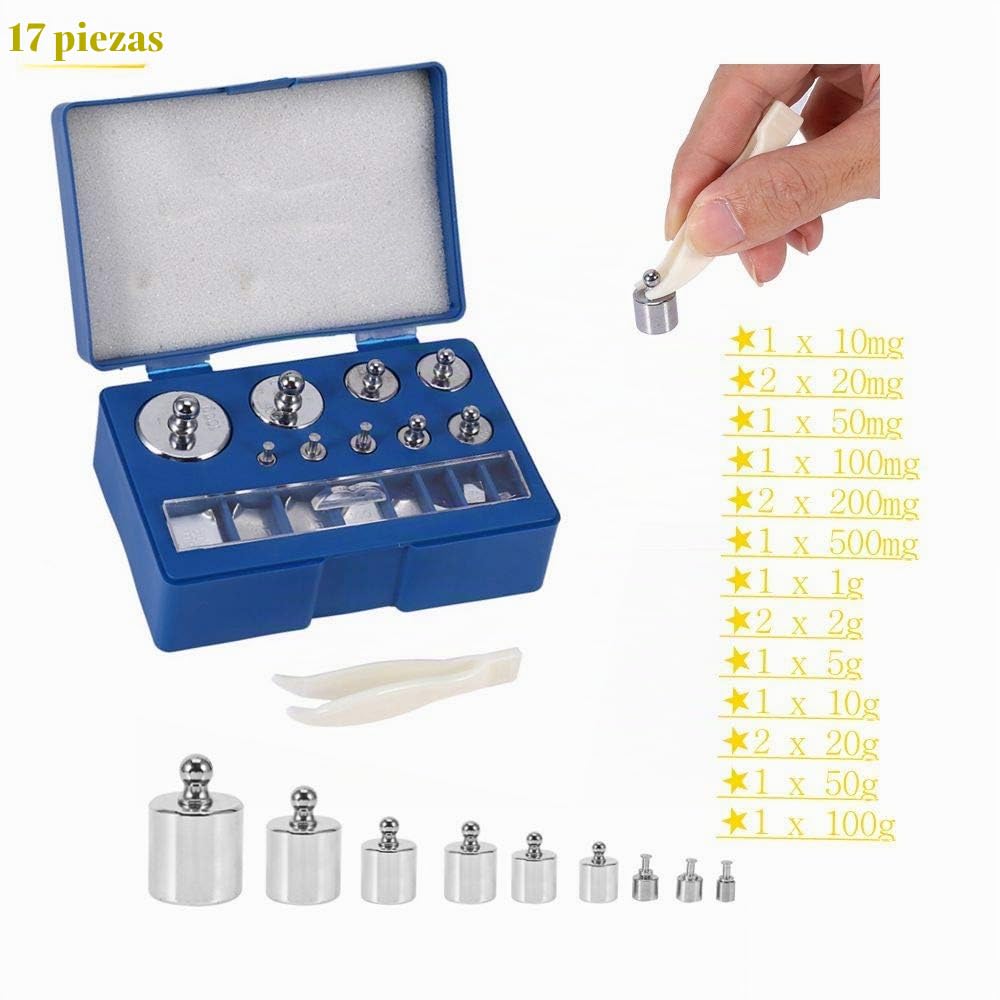 Conjunto de peso de calibración de precisión de 17 piezas, gramaje No.45 Calibración de acero Peso 10 mg-100 g con pinza para balanza digital, balanza para joyas, educativo
