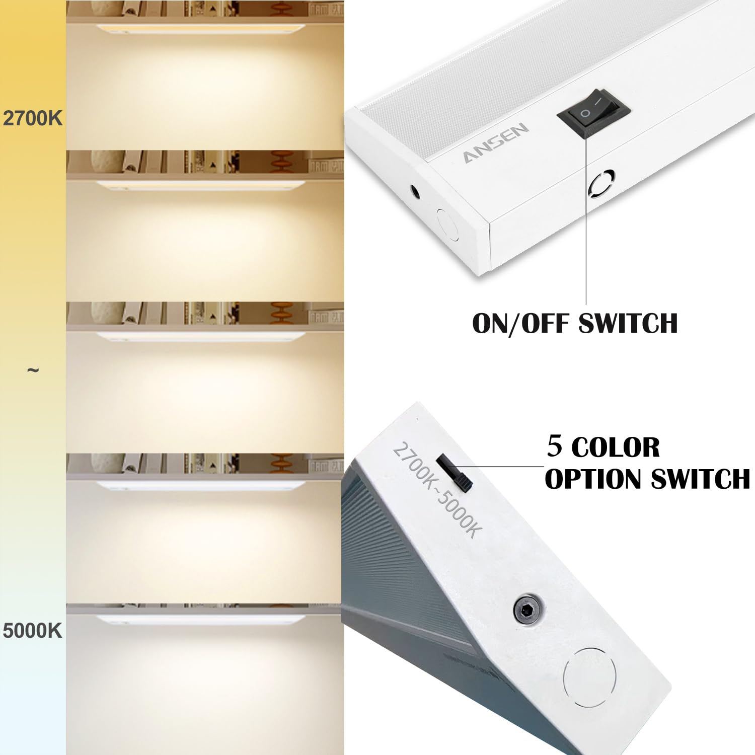 Ansen Unterschrankbeleuchtung, fest verdrahtet, 30,5 cm, 10 W, 666 lm, dimmbar, LED-Licht für Küche/Schrank, CRI 92+, R9 90+, 3 Farbtemperaturen, 3000 K/4000 K/5000 K (warmweiß, kaltweiß, Tageslicht