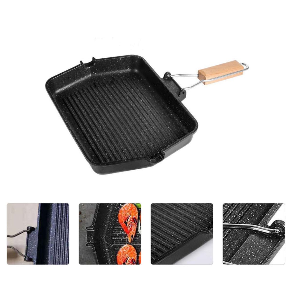 Padella Grill Antiaderente per Bistecche, Ferro Nero, Manico Pieghevole
