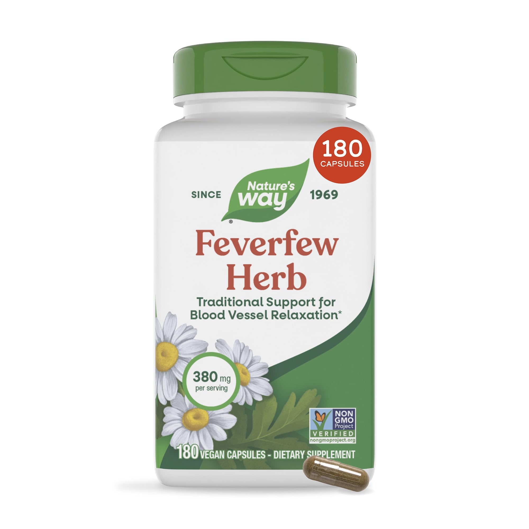 Nature's Way Feverfew Herb, 380 mg per Serving, Vegan, 180 Count 180 Count (Pack of 1)