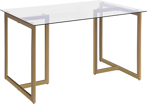 FurnitureR Mesa rectangular moderna de vidrio templado espaciosa de 47 pulgadas y base dorada, elegante mesa de comedor para el hogar, cocina,