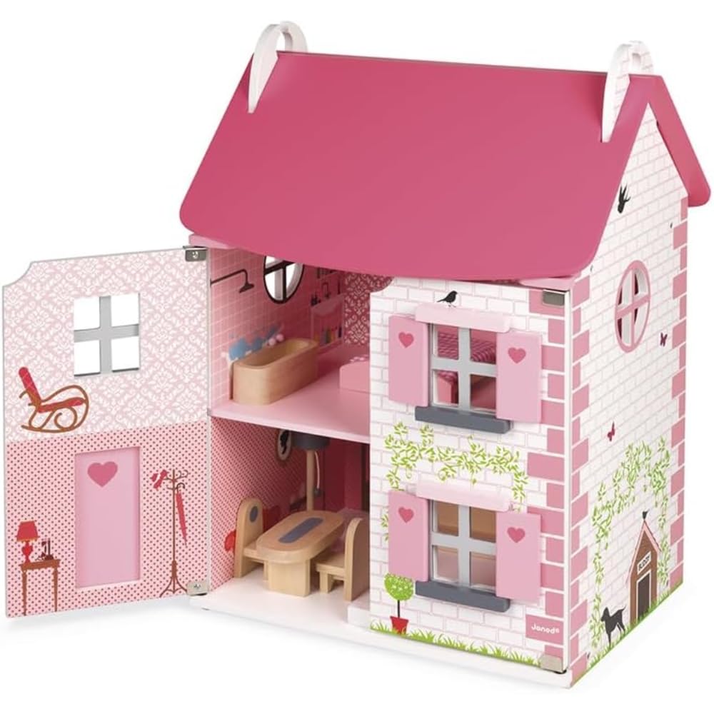 Janod - Maison de Poupée en Bois Mademoiselle - 3 Etages et 11 Accessoires Inclus - Jouet d'Imitation - Développer l'Imagination - Dès 3 Ans , J06581, Rose