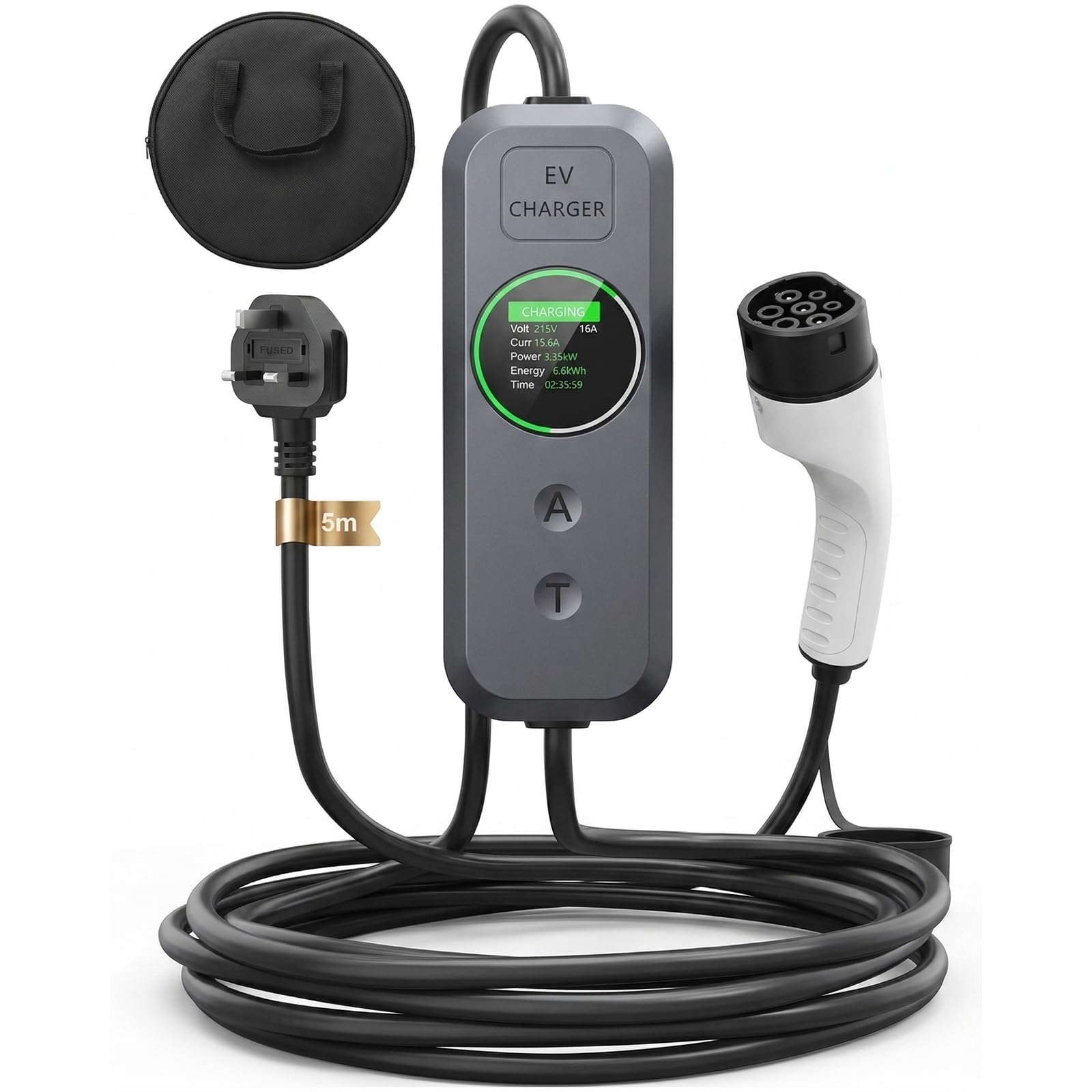 EV Charger Cable Type 2 to 3 Pin Plug, 5M 3.5kW Electric Car Charger, 8/10/13/15/16A Adjustable Type 2 Charging Cable, EV Charger with LED Indicator, Ev Charging Cable for EV & PHEV - 2