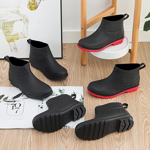 Crazynekos Mens Rain Ankle Boots Pvc Waterproof Rubber Boots Non-Slip Rubber Boots Kitchen Garden Shoes (Black-Red,7,7) #TOP2