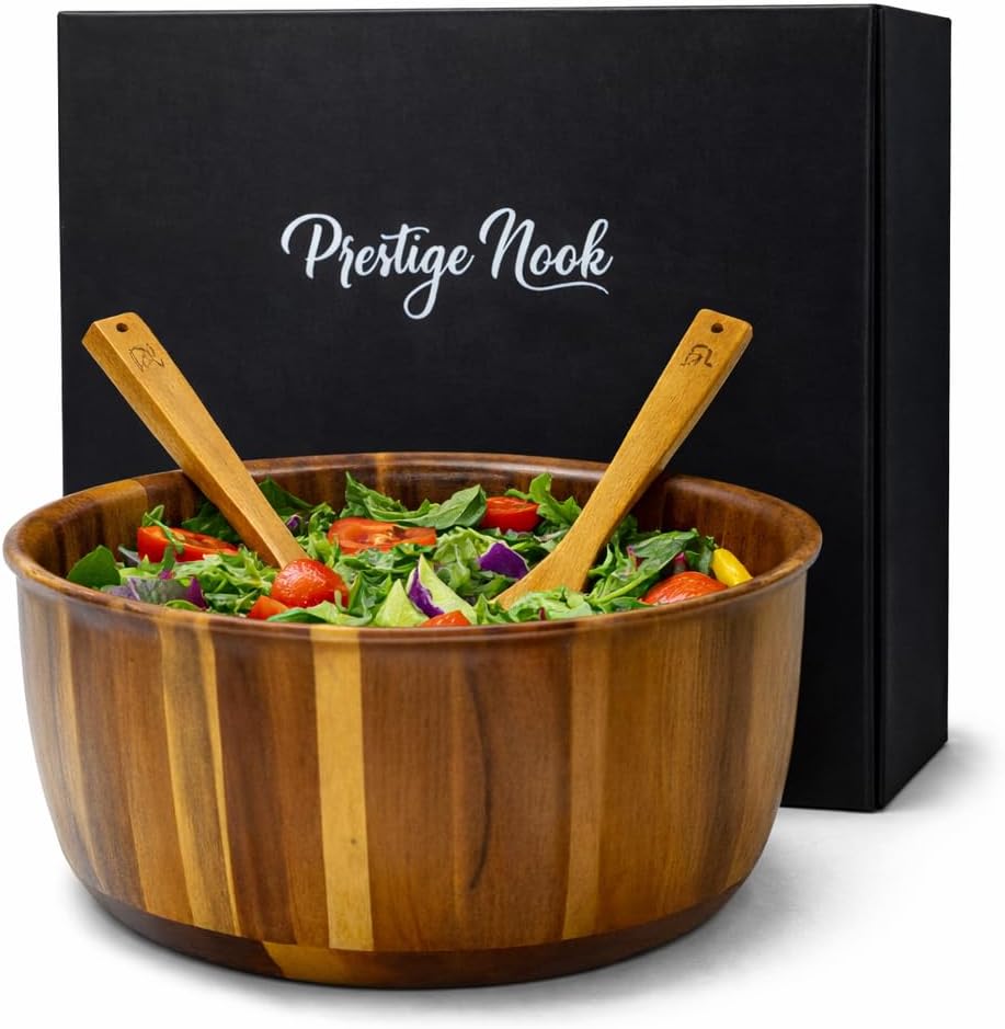 Extra Large Wooden Salad Bowl - 12“ x 5” Acacia Wood Serving bowl with 2 servers, Large Fruit bowl for food with serving utensils, Housewarming Wedding Christmas Gift