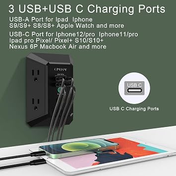 Wall Charger, Surge Protector, QINLIANF 5 Outlet Extender with 4 USB Ports | 1680 Joules, 3-Sided Power Strip, Multi Plug Wall Outlet Adapter Spaced for Home Travel Office, Black