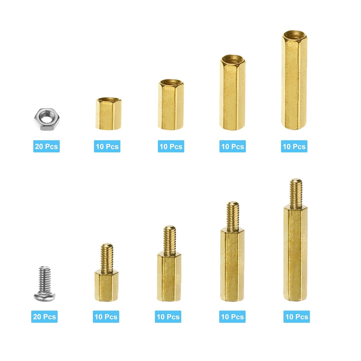 Generic 120Pcs M3 Hex Male-Female Brass Standoff Stainless Steel Screw Nut Assortment Kit, Brass Spacer Hex Column Screw Nut Assortment Kit for
