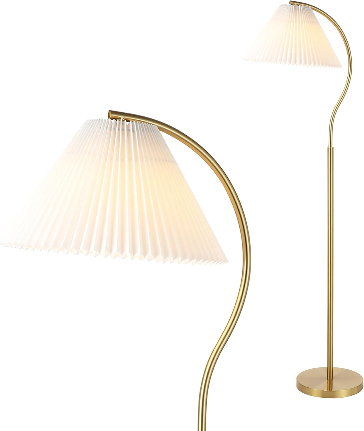 Eyely EYL1148A Eduardo 60.5" Modern Glam Metal Arc LED Floor Lamp with Pleated Shade for Reading Room, Living Room, Office, Bedroom, Farmhouse, Cottage, Brass Gold/White