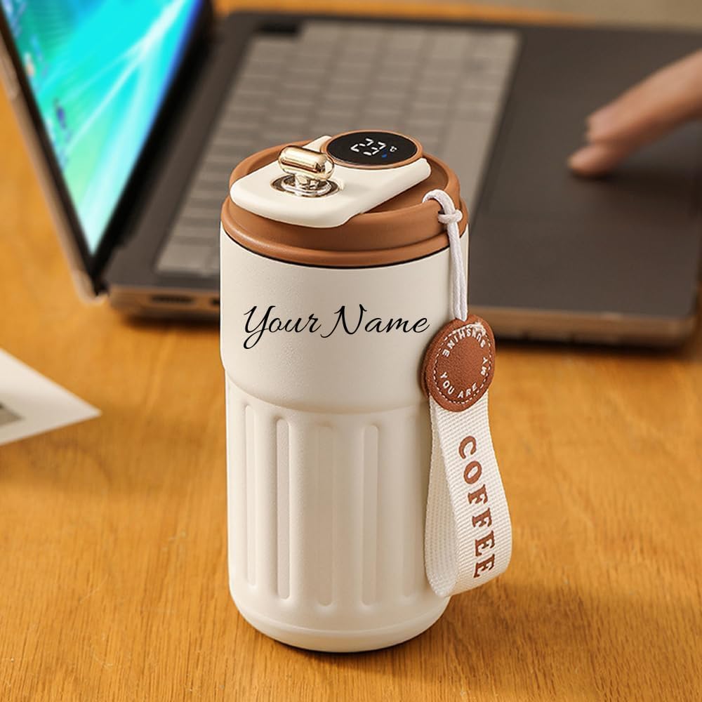 FOMQUAZLI Personalized 500ml Coffee Mug with Temperature Display, Custom Name Water Mug with Leakproof Lid & Strap, Reusab...
