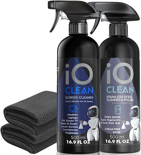 Limpiador de pantalla (16 onzas) y limpiador de acero (16 onzas) - Paquete de 2 - Brillo premium - 2 juegos completos de limpiadores - Paño de