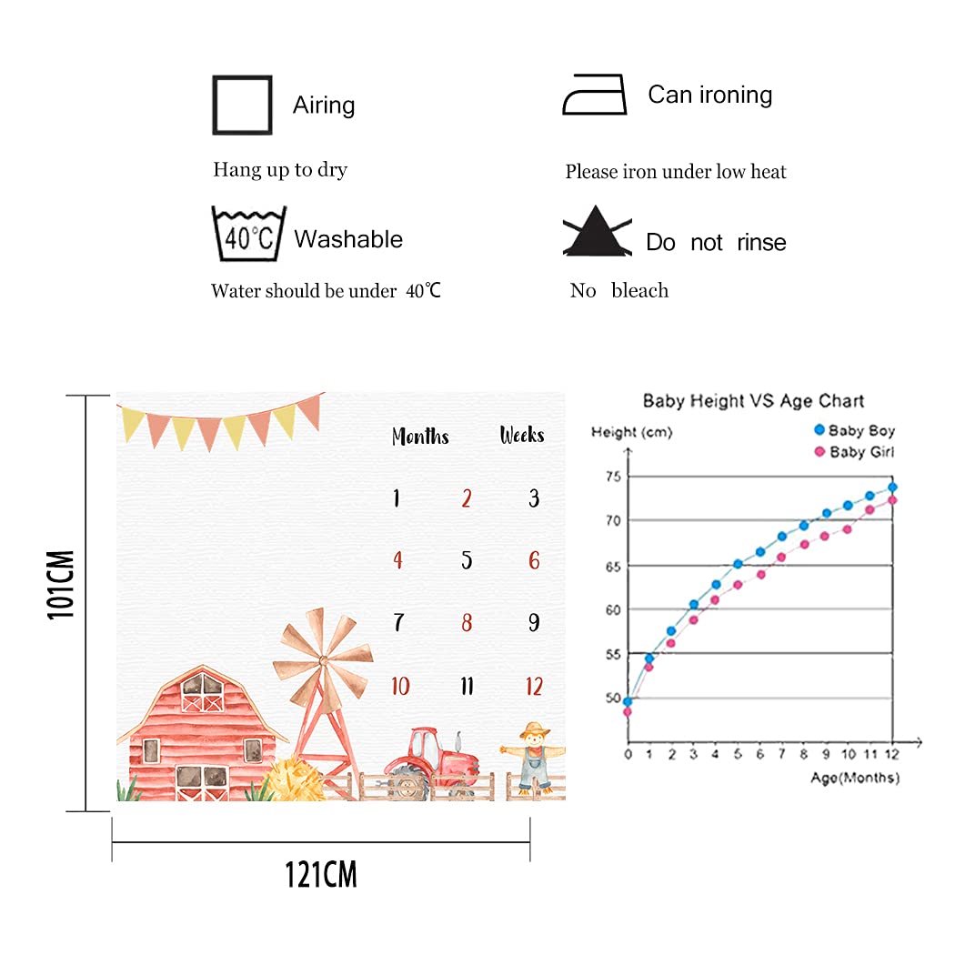 Manta de hito mensual para bebé, de franela suave, 48 x 40 pulgadas, fondo de tractor y granero, regalos para mamá recién nacida, monitor de crecimiento de edad de baby shower con fabricante de
