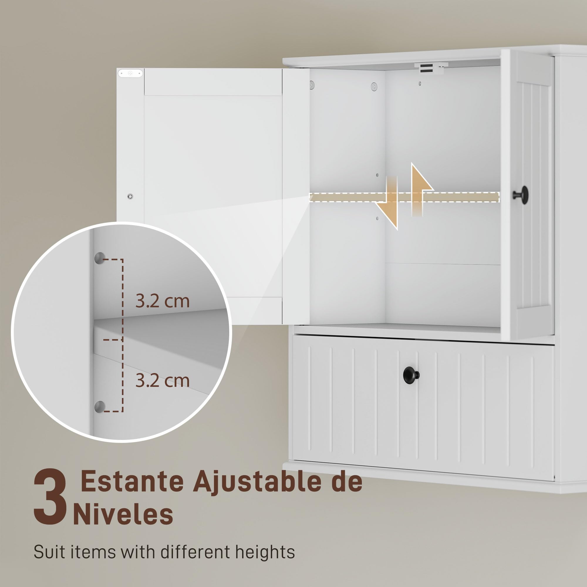 HOMCOM Armario de Baño de Pared, Estante Ajustable, Doble Puerta, Blanco | Mueble de Baño Colgar Rústico, Puerta Abatible, Cierre Magnético, para Cocina, Lavadero, sobre el Inodoro