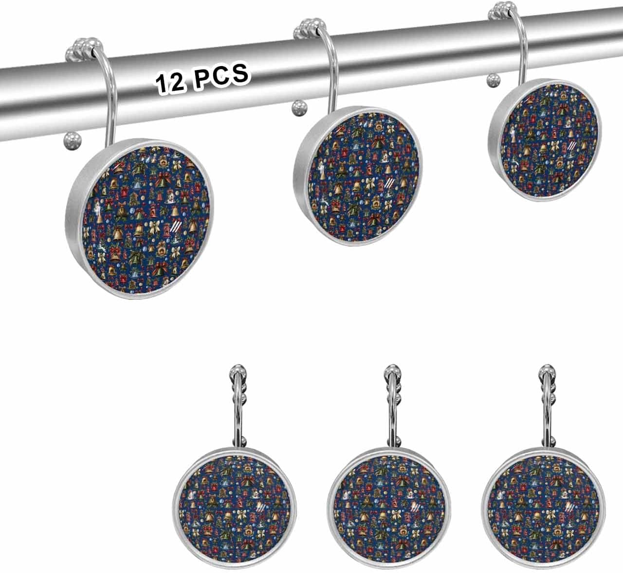 Shower Curtain Hooks 12 Pcs Christmas Snowman Bell Spruce Leaves Balls Bells Navy Blue Stainless Steel Rust Proof Rolling Shower Curtain Rings, Decorative Shower Curtain Hooks Hangers for Bathroom
