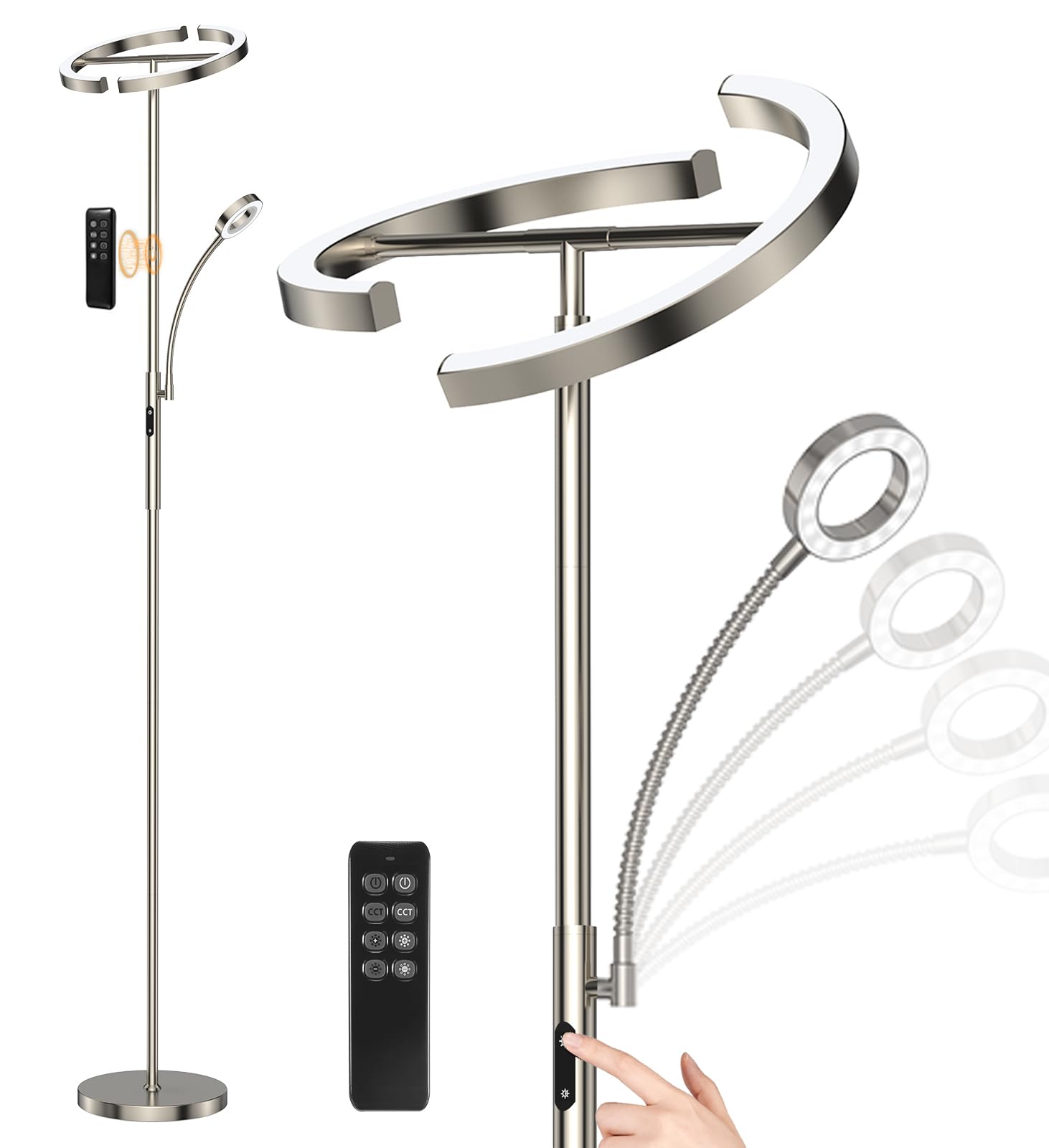 ANTENLICHT lámpara de pie regulable LED | Lámpara de pie plateada 20W con lámpara de lectura flexible 7W | 4 temperaturas de color para salón, dormitorio, oficina, hotel