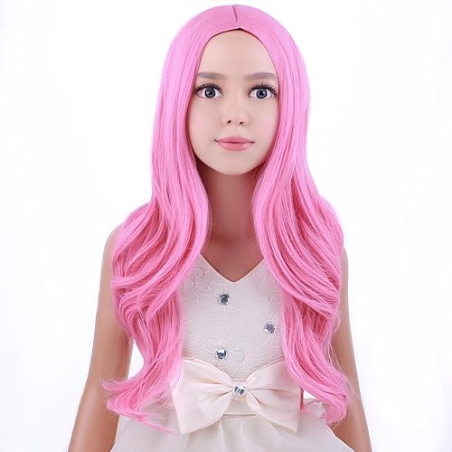 Miniatura 2 de Peluca larga ondulada rosa para niños, peluca larga y ondulada rosa para niñas, pelucas sintéticas largas con gorra de peluca