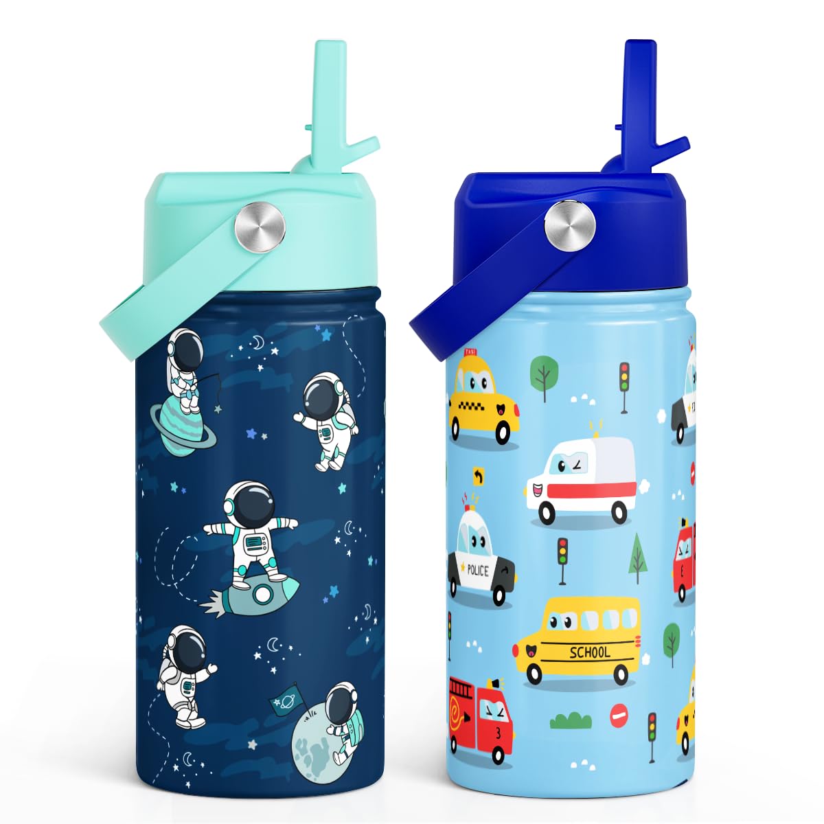 Kid Water Bottle 12oz with Straw Lid - 2-Pack Insulated Stainless Steel Water Bottles for Kids Boys- Travel