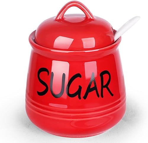 HAOTOP Azucarero de porcelana con tapa y cuchara 12 oz (rojo)