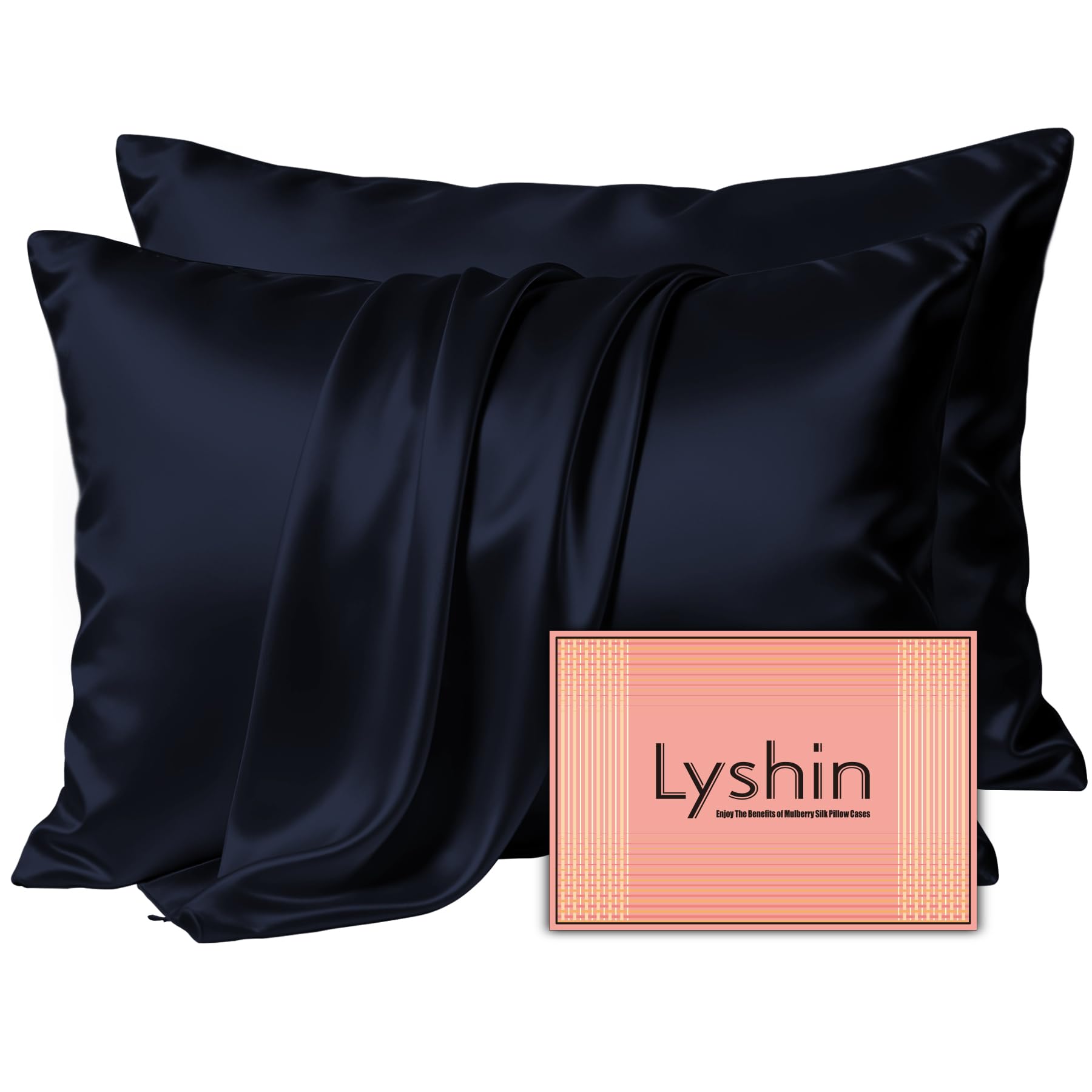 LYSHIN Silk Pillow Cases 2 Pack King Size with Zipper, Navy Blue