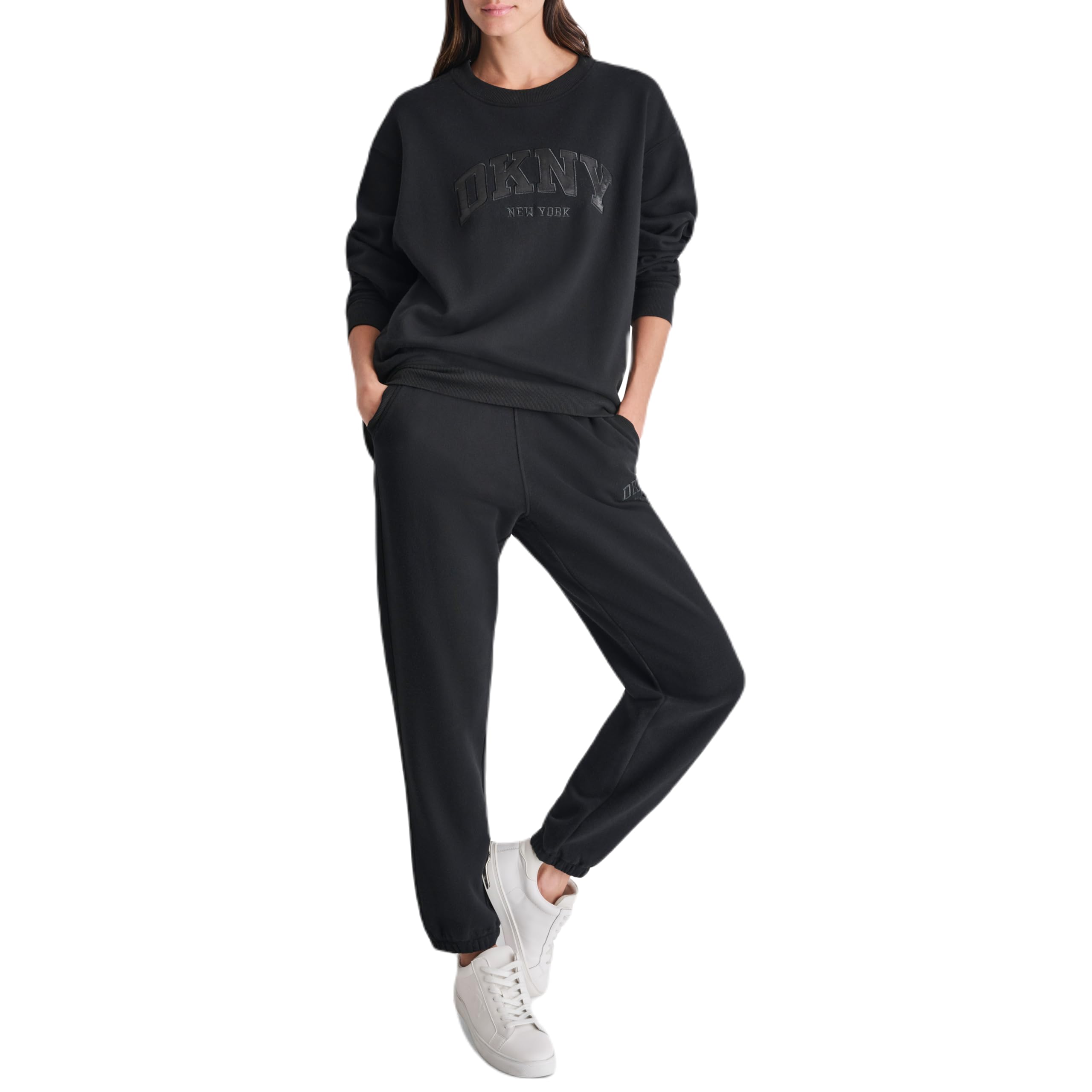DKNYwomens Satin Applique Varsity Logo Crewneck Fleece Sweatshirt