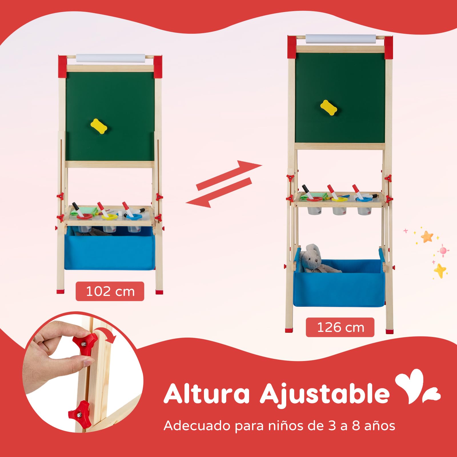 RELAX4LIFE 3 en 1 Caballete Pintura Infantil con Pizarra Magnética, Pizarra Blanca, Rollo de Papel y 56 Accesorios de Pintura, Pizarra Infantil Caballete con Altura Ajustable para Niños 3-8 Años