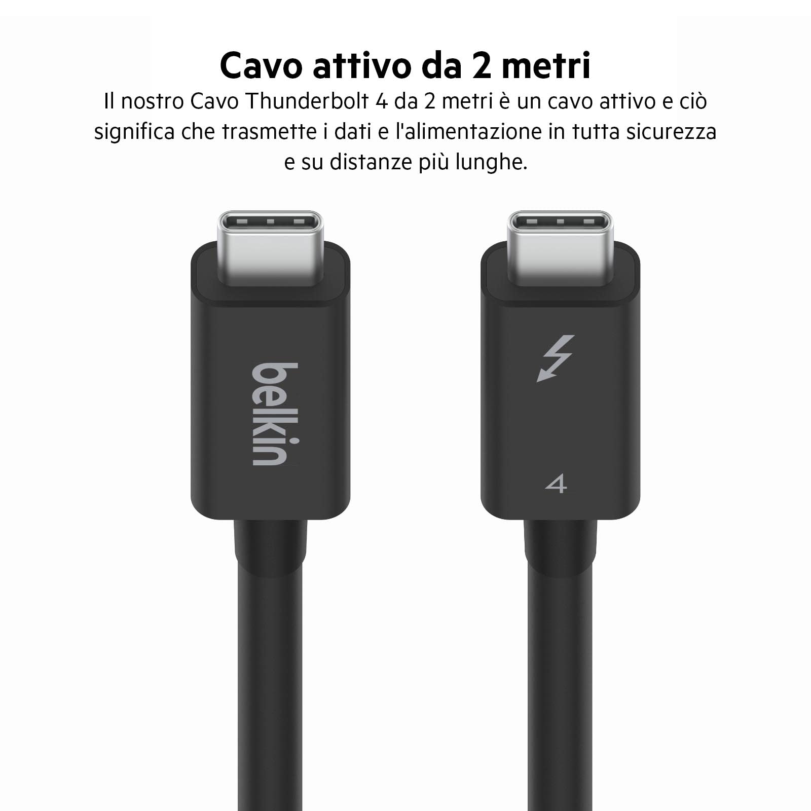 Belkin Cavo Thunderbolt 4 attivo, connessione USB Type-C con Power Delivery PD da 100W e compatibilità con USB 4, TB3, MacBook Pro, iPhone 16, Samsung Galaxy, eGPU e altro, 2 m